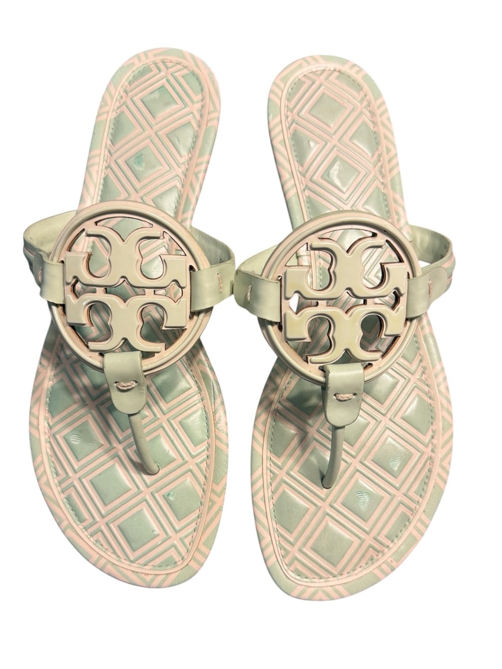 TORY BURCH METAL MILLER SANDAL QUILTED LEATHER IVORY/MEADOW MIST LOGO SZ 10